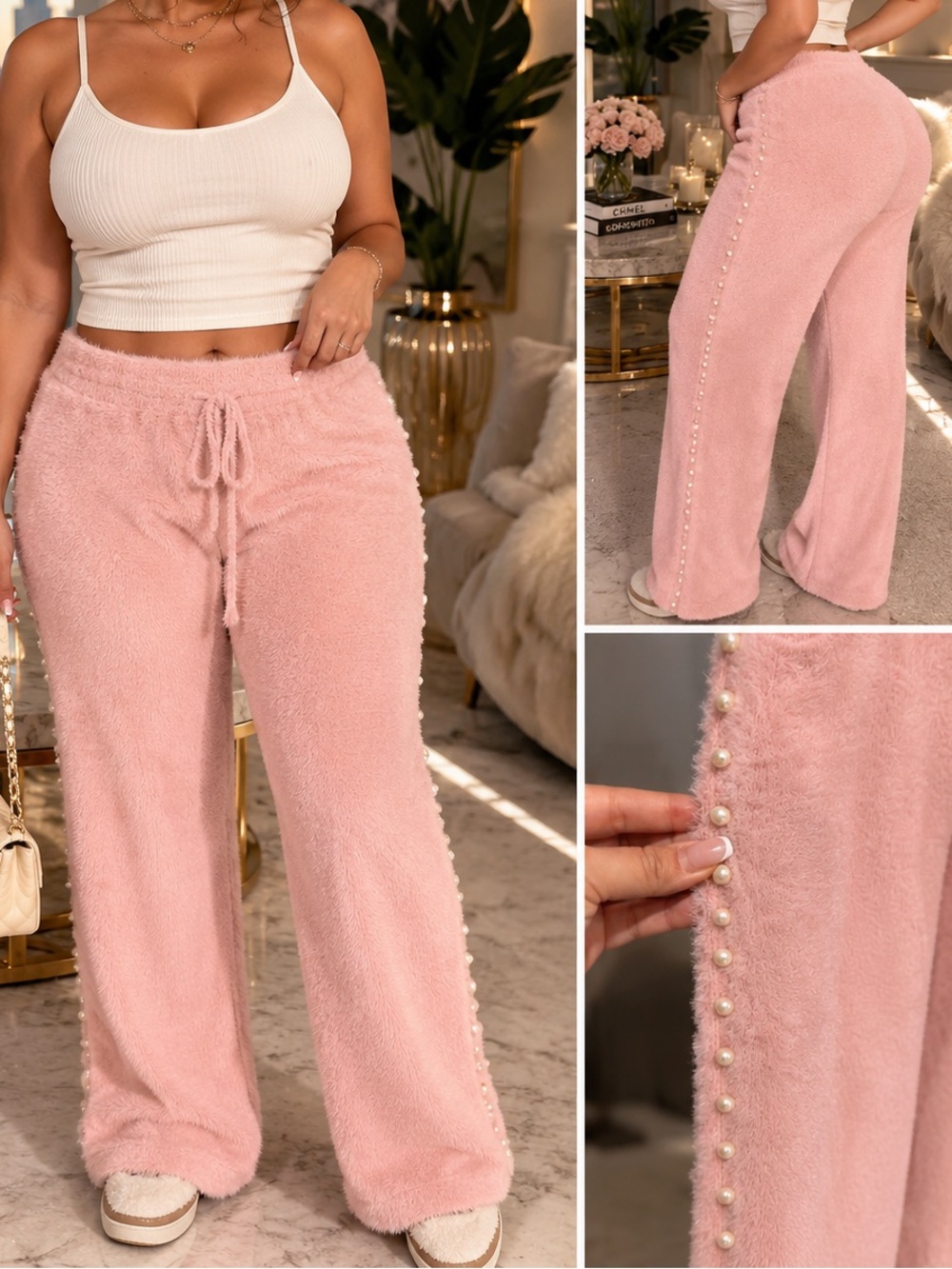 Classic Concepts- Blush Pink with Pearls Plush Lounge Pants - Size Medium